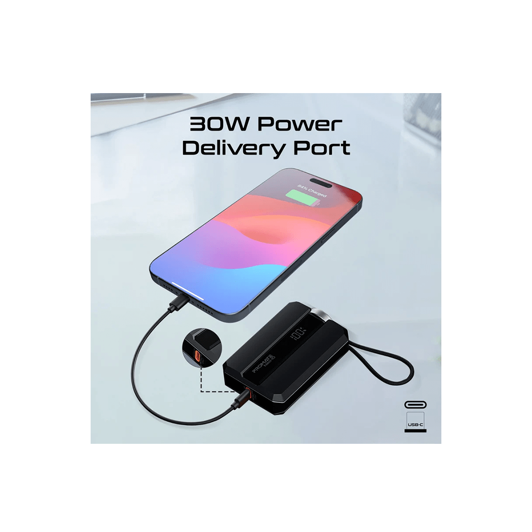 Promate Neo-10 30W 10000mAh Power Delivery Smartphone & Apple Watch Charging Power Bank with in-built USB-C Cable - Black in Qatar Promate Neo-10 30W 10000mAh Power Delivery Smartphone & Apple Watch Charging Power Bank with in-built USB-C Cable - Black in Qatar